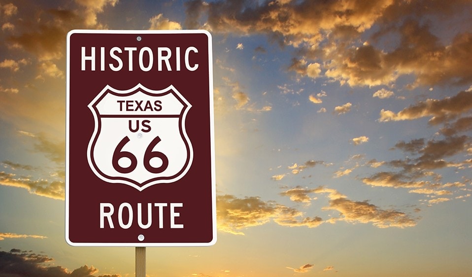 Historic Texas Route sign at sunset on a captivating old highway.